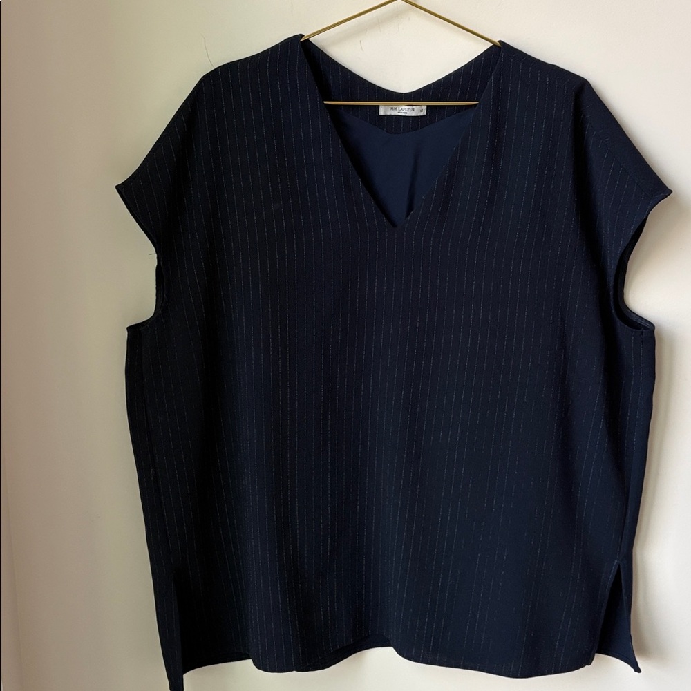 MM.LaFleur Navy Pinstripe V-Neck Shell Top